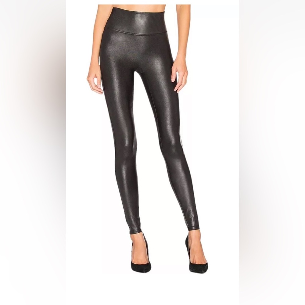 SPANX Black Faux Leather Leggings Shimmer w/ Crack Effect Shaping